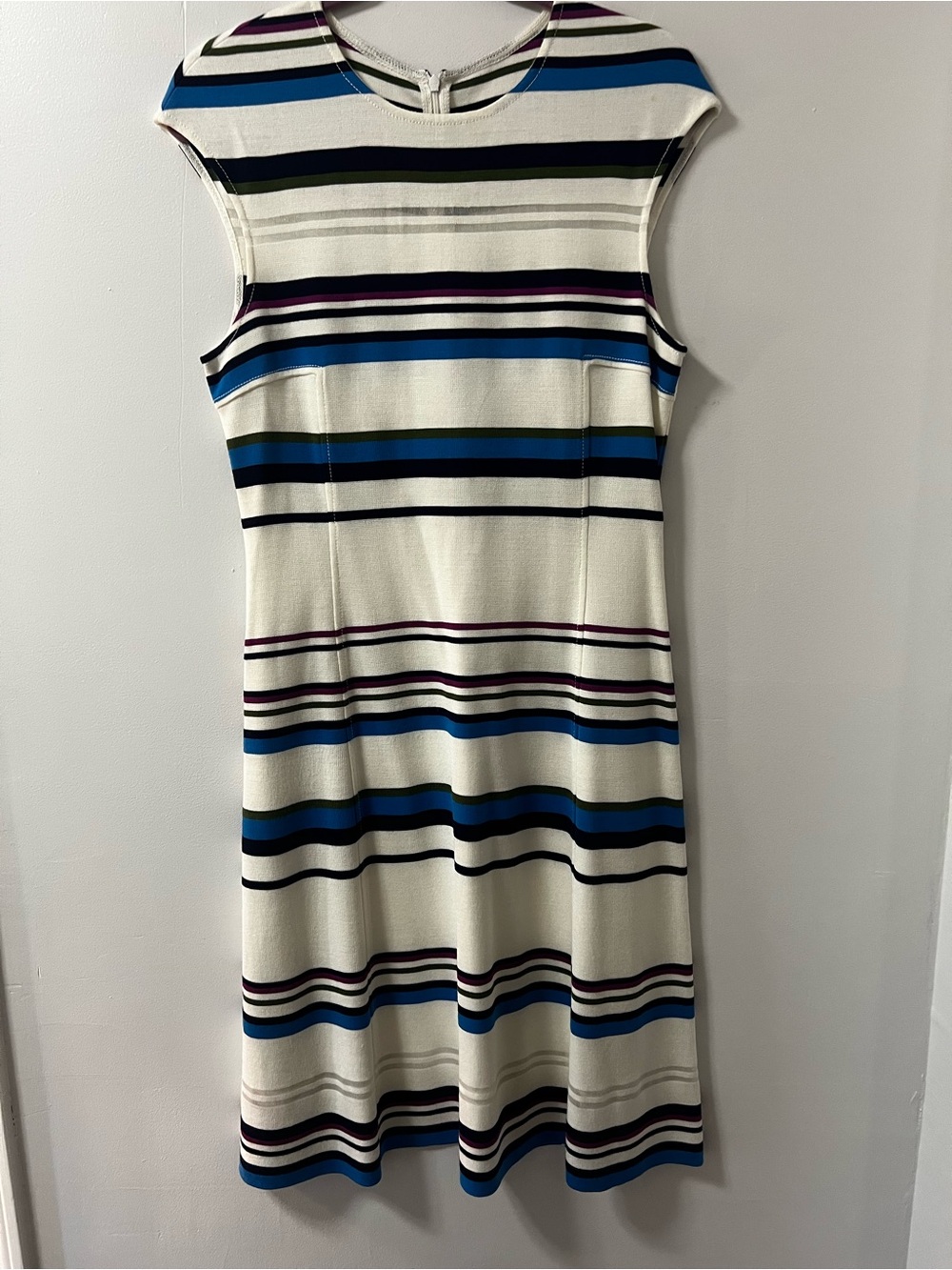 St. John Cap-Sleeve Dress in Ivory with Blue & Pink Stripes.